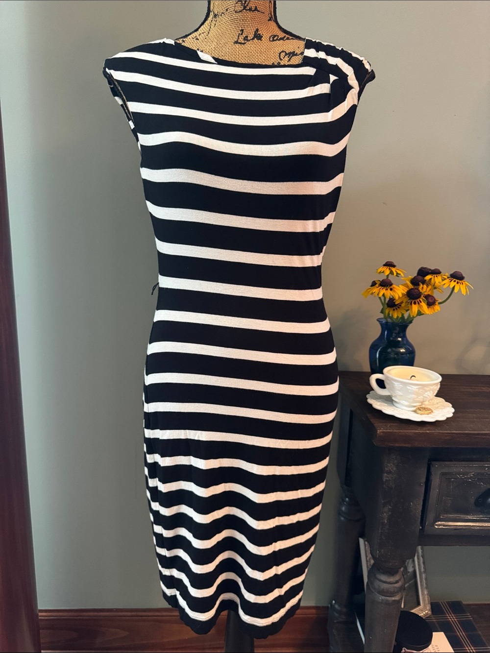 Clavin Klein Black & White Striped Sleeveless Dress. Size S. Measurements below